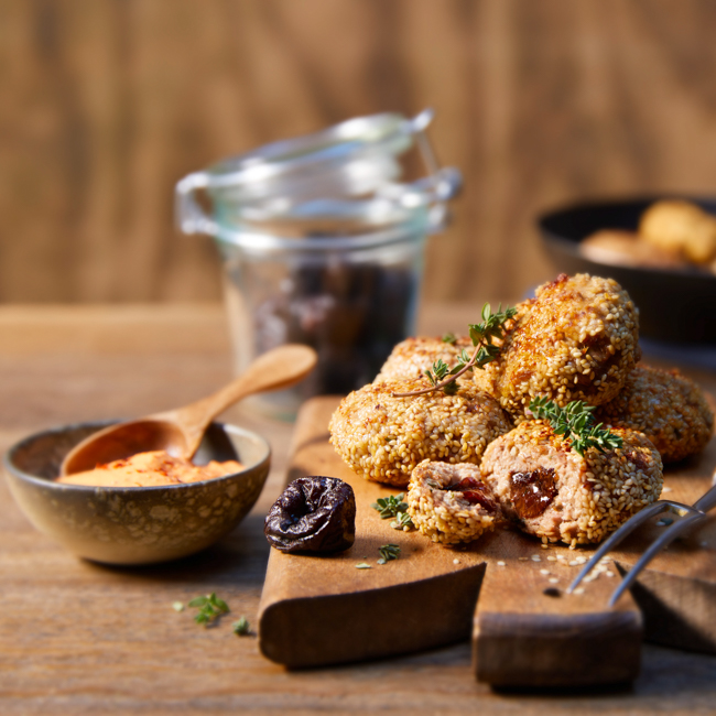 Crispy Sesame Meatballs with Yogurt and Pepper Dip