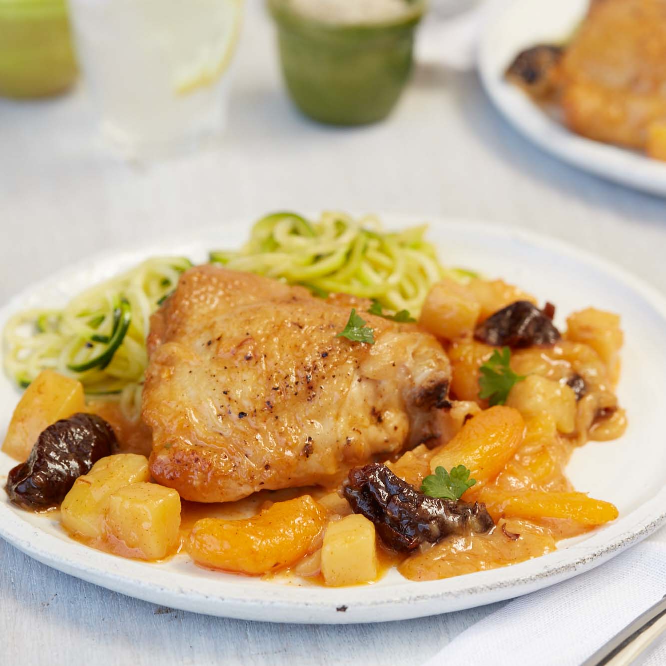 Chicken thighs are more flavorful when braised with Sunsweet prunes and dried apricots.