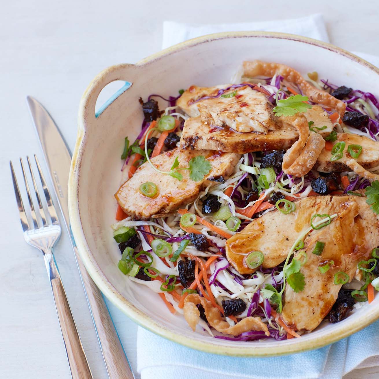 <p>Ginger, soy sauce, diced prunes, and five-spice seasoning come together seamlessly for an update on a classic Chinese chicken salad.</p>
