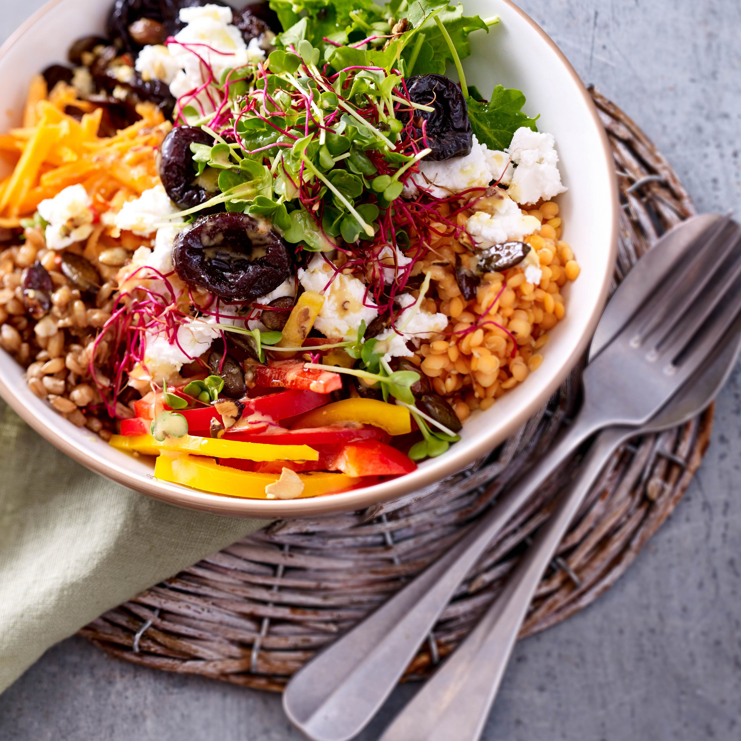 Feta, Lentil and Wheat Berry Salad with Orange-Prune Dressing