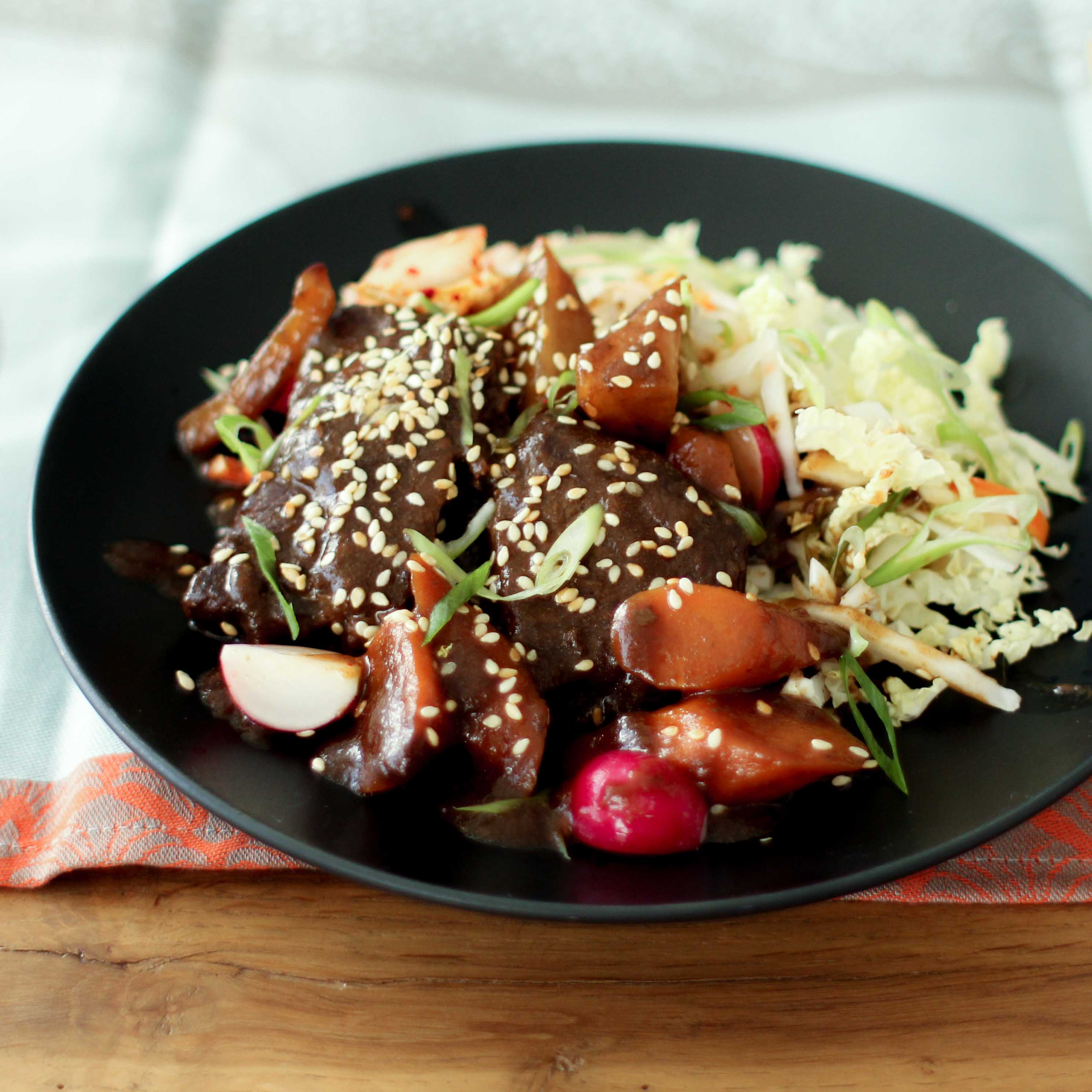 <p>Inspired by Korean galbi jjim, this boneless meat braise has a sauce made with prune puree and  provide sweetness for the sauce that coats the meat. </p>
