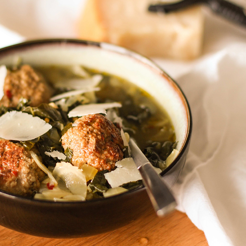 <p>Another way to serve the Roasted Chicken Meatballs made with Dried Plum Puree is to add them to a classic minestra maritata, Italian wedding soup filled with greens.</p>
