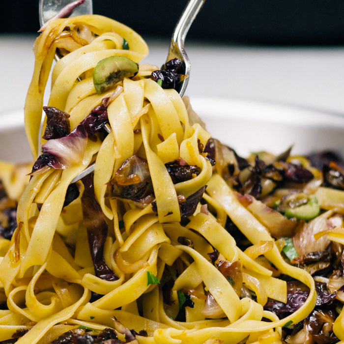 Tagliatelle with Bacon, Prunes, and Orange